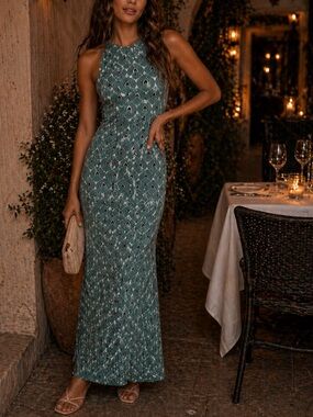 Hippie Rose Teal Geometric Halter-Style Maxi Dress